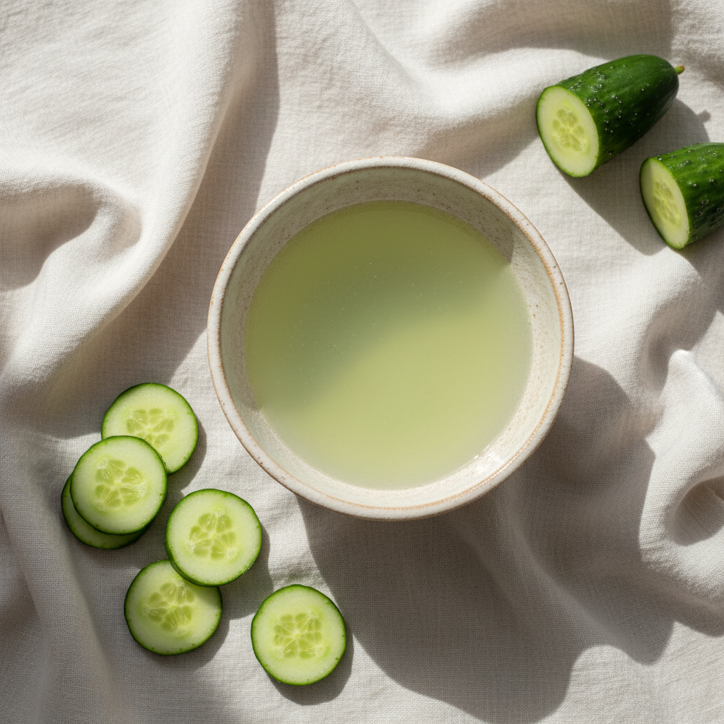 Cucumber extract in a rustic bowl with cucumbers and slices on a linen tablecloth