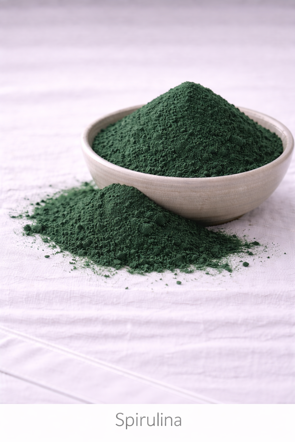 Vibrant Green Spirulina in a rustic bowl on a linen tablecloth with spilled powder around it.