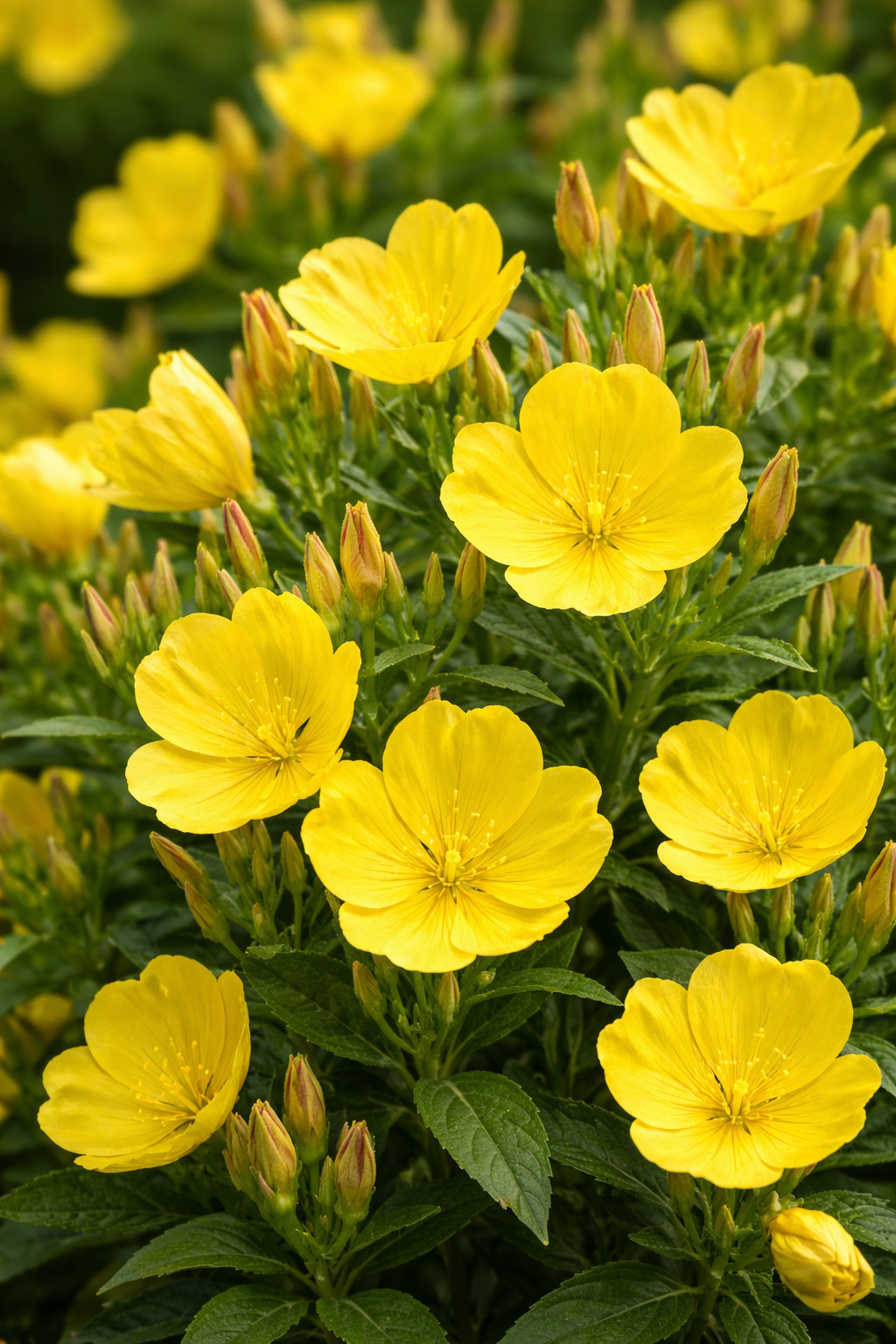 Close-up of bright yellow evening primrose flowers with green leaves