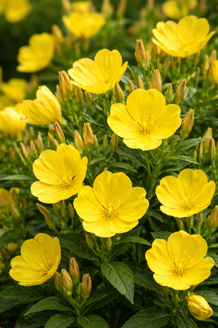 Close-up of bright yellow evening primrose flowers with green leaves