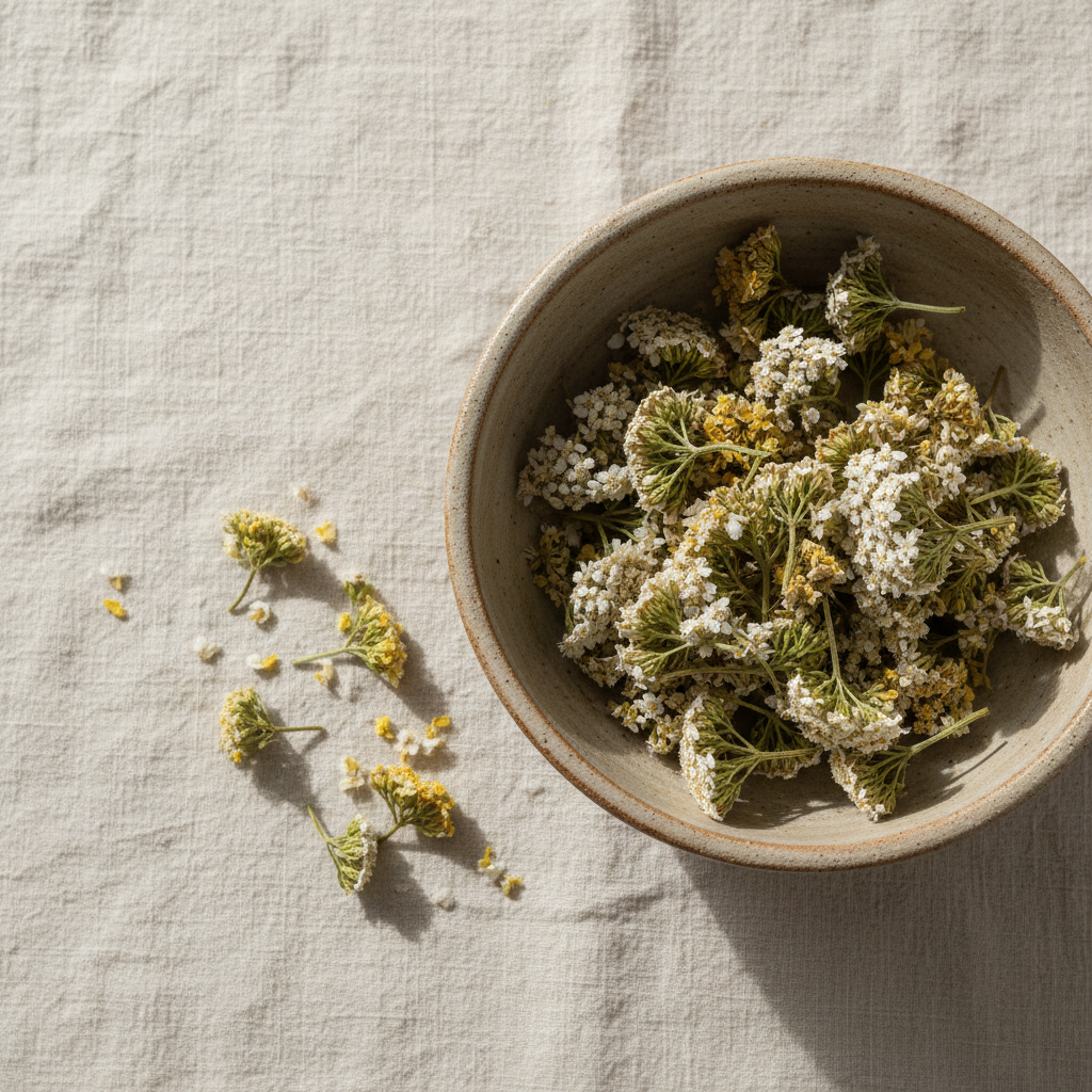 Dried Yarrow flowers in a rustic bowl sitting on a linen tablecloth
