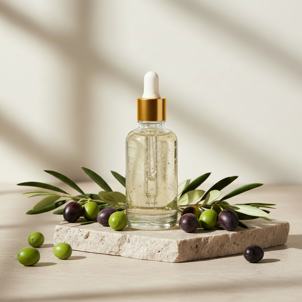 Glass dropper bottle with squalene oil on a stone surface with olives