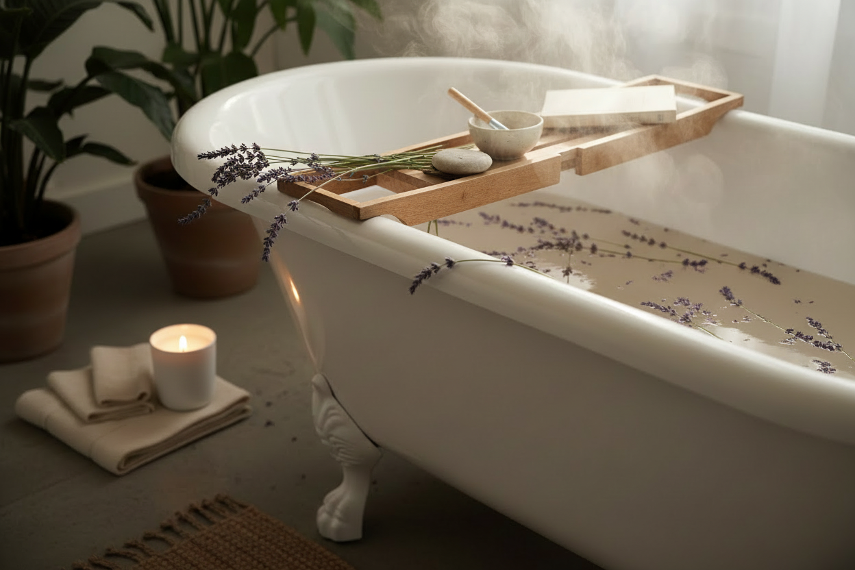 Evening wind down bath with lavender and a candle slow burning next to the tub