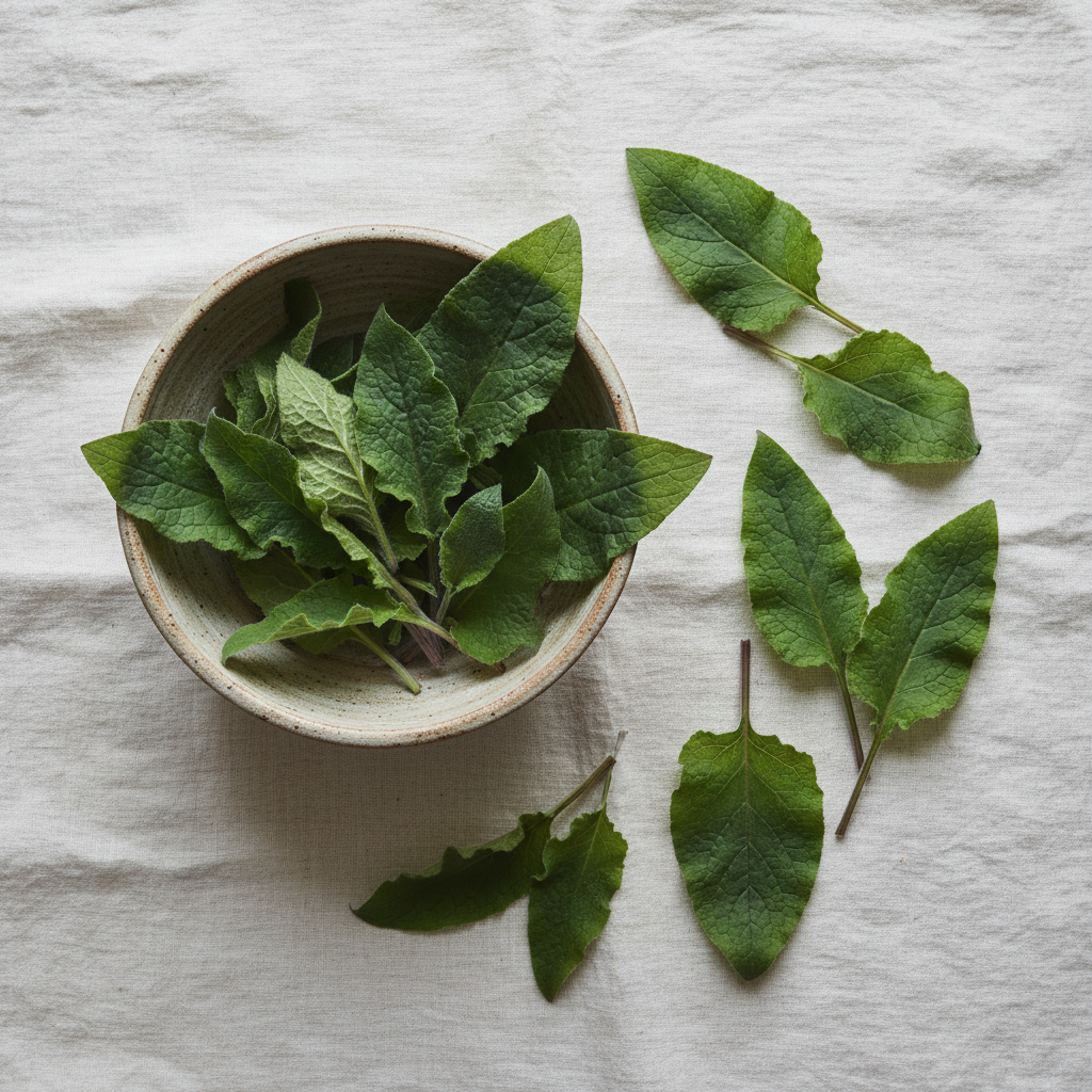 Comfrey leaves in a rustic bowl sitting on a linen tablecloth.