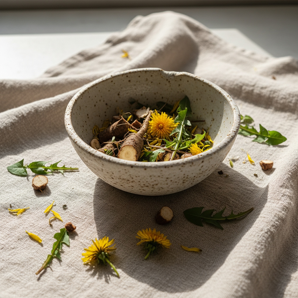 Dandelions in a rustic bowl with the plant material sitting on a linen tablecloth on a white surface.