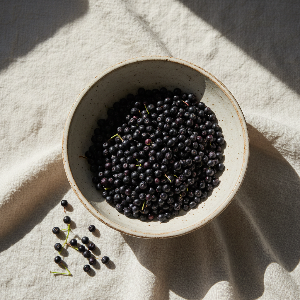 Elder berries in a rustic bowl with a few scattered around on top of a linen tablecloth