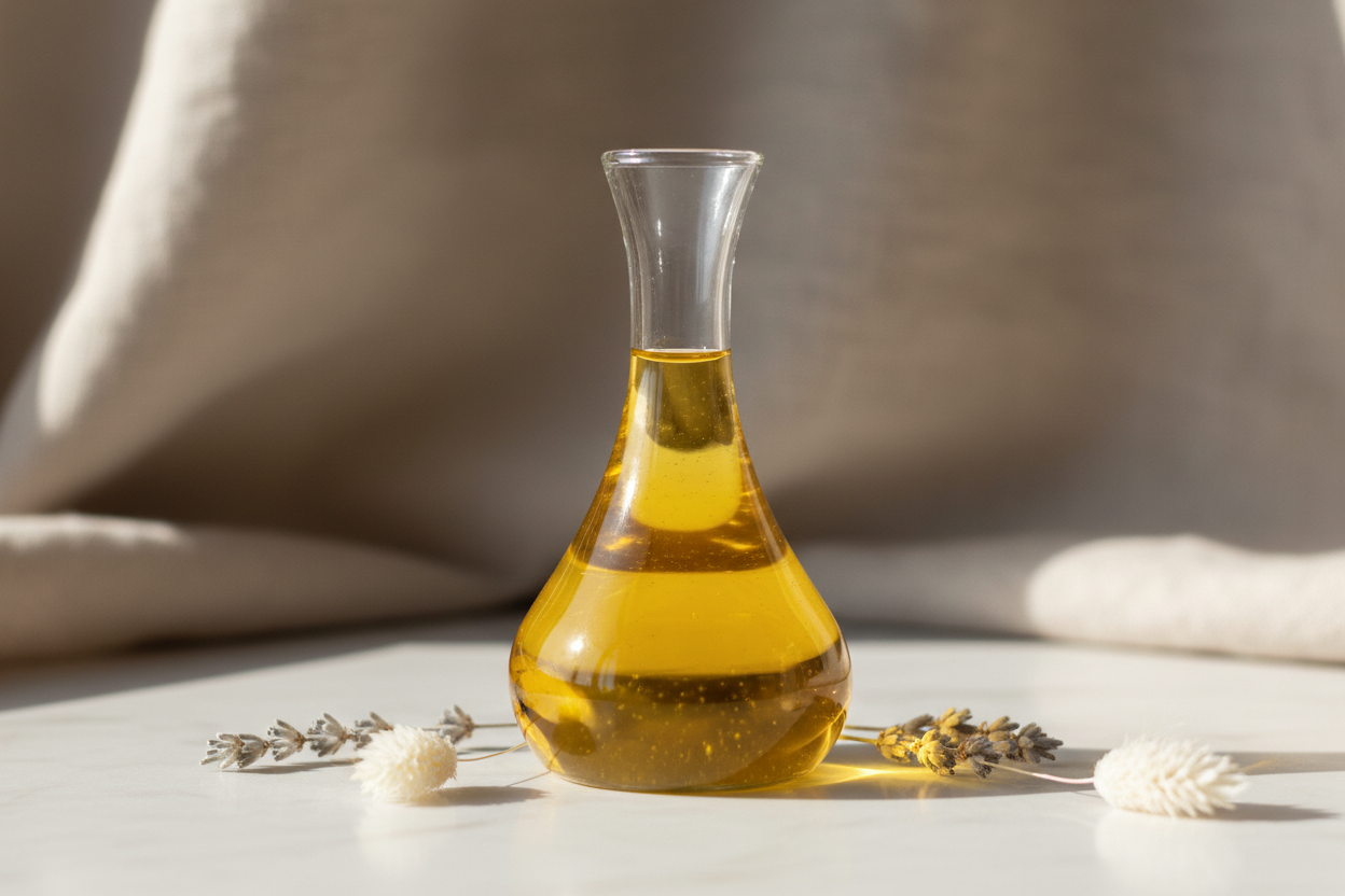 Jojoba Oil in a clear glass flask with botanicals and a cream linen background