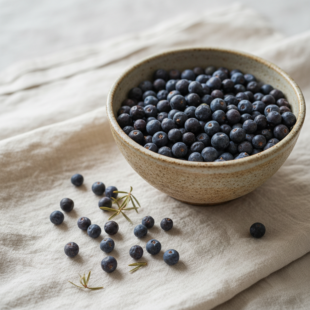 Juniper Berries in a rustic bowl sitting on a linen tablecloth with other berries strewn around it.