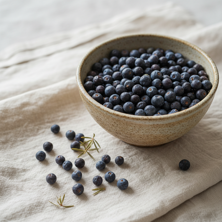 Juniper Berries in a rustic bowl sitting on a linen tablecloth with other berries strewn around it.