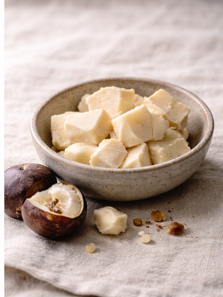 Kokum butter and nut sitting in a bowl on a linen tablecloth. 