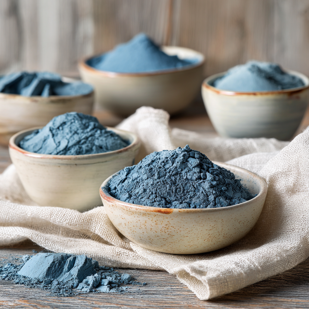 Cambrian Blue clay in ceramic rustic bowls on a wood table on top of a linen cloth. Blurred wood background.