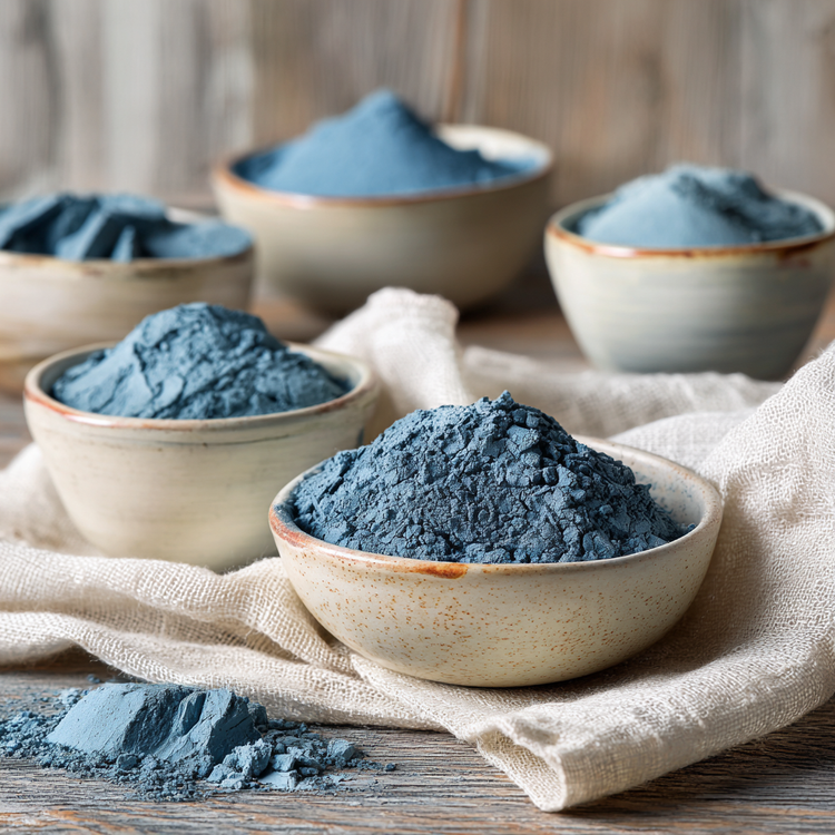 Cambrian Blue clay in ceramic rustic bowls on a wood table on top of a linen cloth. Blurred wood background.