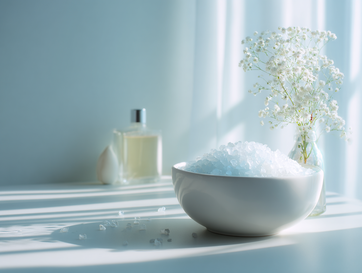 A white bowl of Ewax sitting on a table with a vase of baby's breath and a bottle of perfume in the background. Light and airy scene in white and blue morning light.