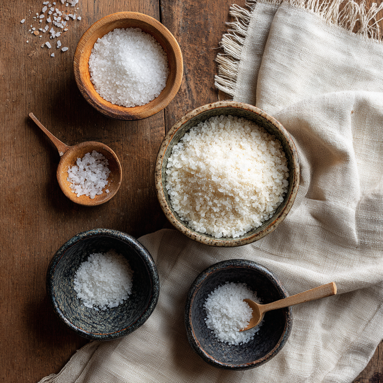 Mederteranean sea salt in small bowls on a wooden table with a linen cloth and scoops. 