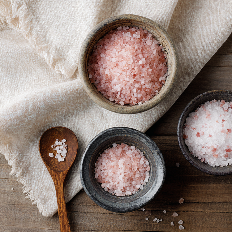 Pink Salts in ceramic bowls and wooden spoon on a linen cloth on top of a wood table.