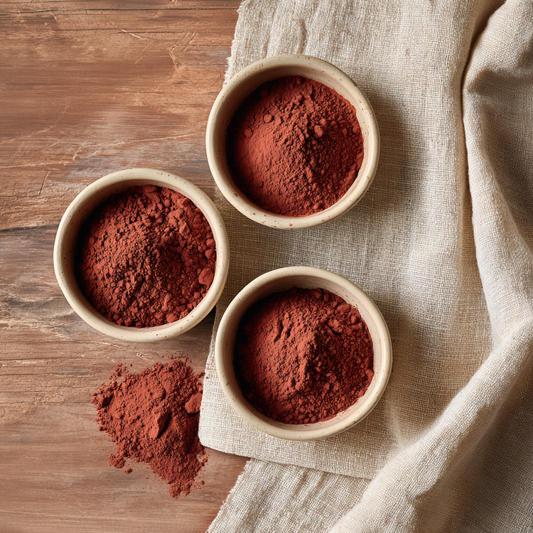 Rhassoul clay in ceramic bowls on top of a linen cloth on top of a wooden table.