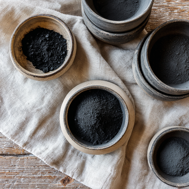Activated Charcoal in ceramic bowls on top of a linen cloth on top of a wooden table.