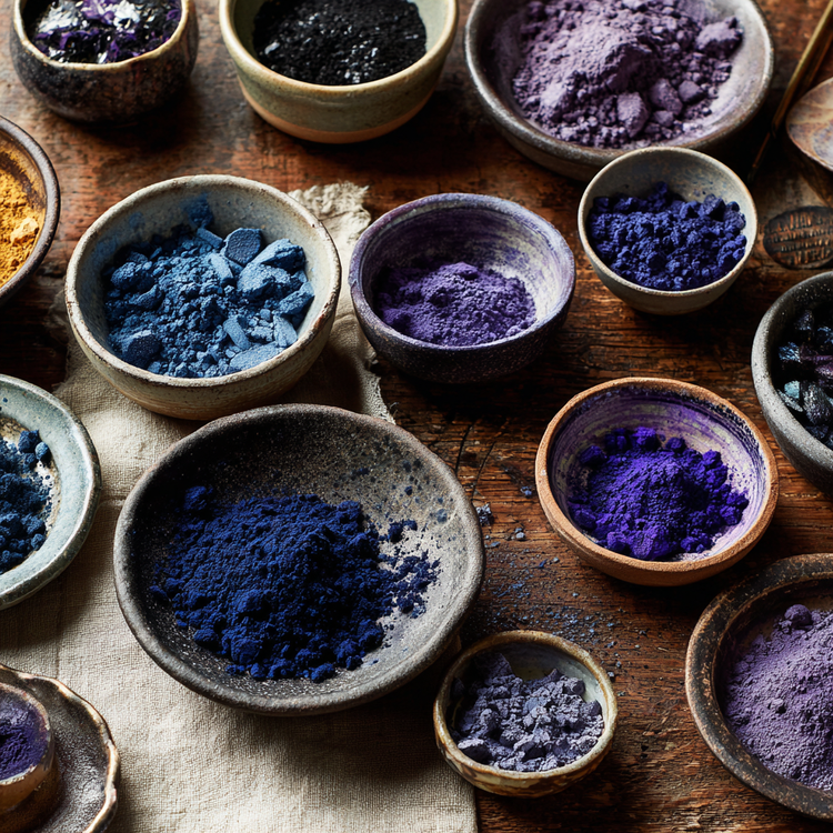 Blue & purple pigments of varying shades in small bowls on top of a wooden table. 