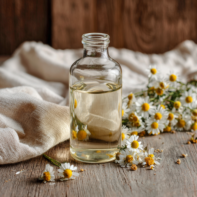 Chamomile hydrosol in a clear glass flask on top of a wooden table with plant material around it and a linen cloth in the background against a wood backdrop.