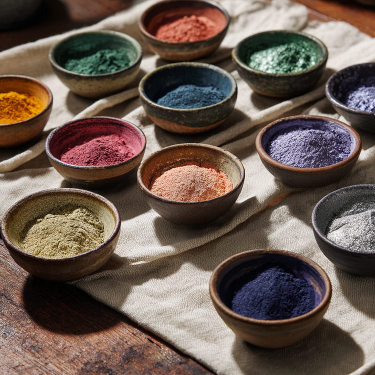 Colorful micas in small bowls sitting on a linen cloth on top of a wooden table.