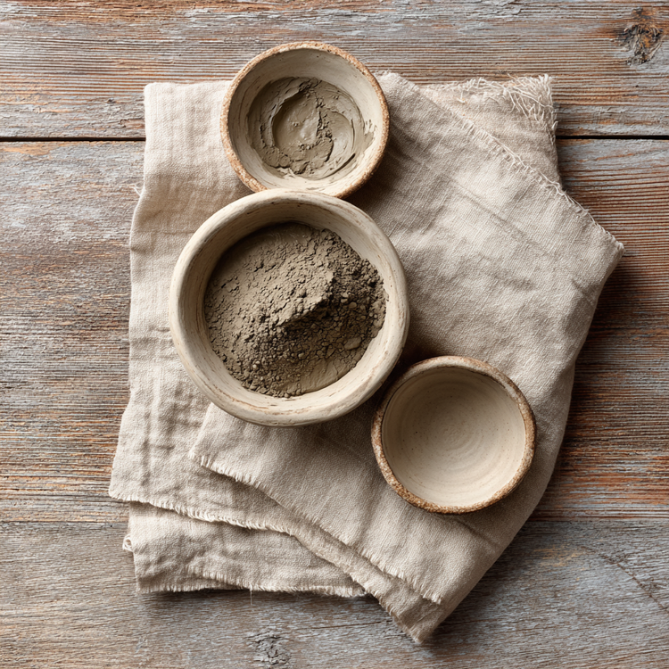 Dead Sea Mud and powder in clay bowls on a linen cloth on top of wood table.