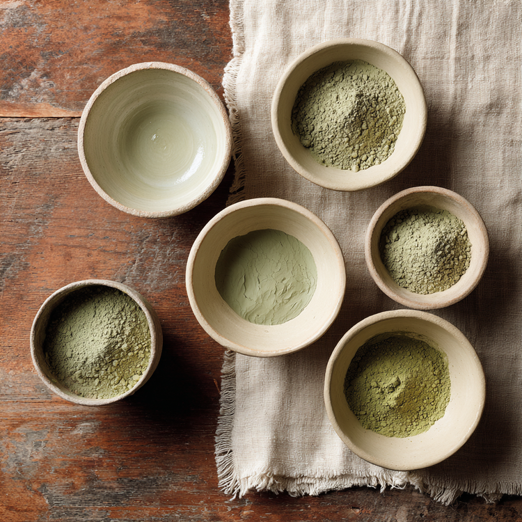 Various green clays in ceramic bowls on a linen cloth on top of a wooden table. 