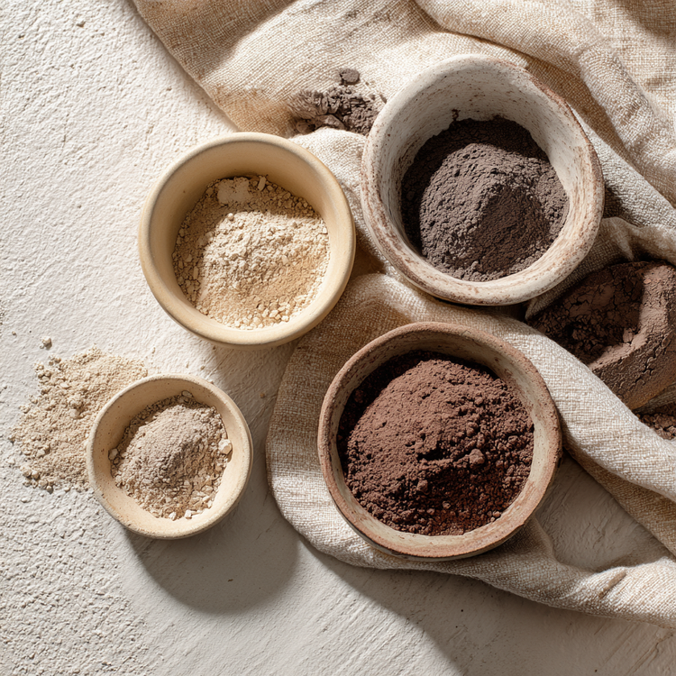 Fuller Earth Powder and others on a linen cloth on a white wooden table.