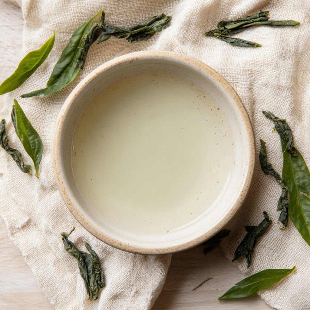 Green Tea extract in a cream color ceramic bowl with green tea leaves around it on a linen tablecloth.