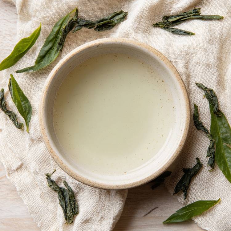 Green Tea extract in a cream color ceramic bowl with green tea leaves around it on a linen tablecloth.