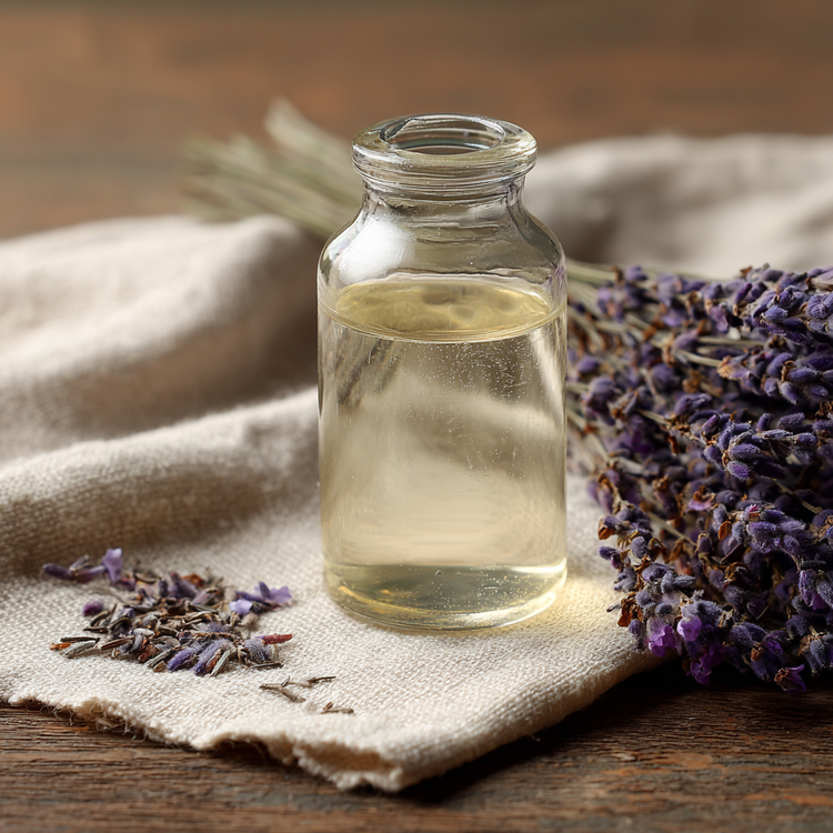 Lavender hydrosol in a clear glass flask with plant material around it sitting on a linen cloth on top of a wooden table.