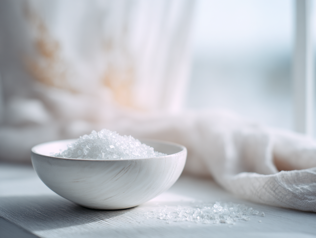 Minimalist spa-like scene, white countertop, white ceramic bowl overflowing with magneisum flakes, soft natural light, ethereal and airy atmosphere, gentle pastel tones, calming and serene mood.