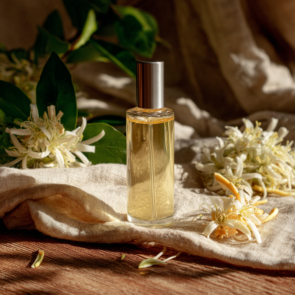 Neroli hydrosol in a glass bottle with silver cap on top of a linen cloth with orange blossom flowers and plant material around it.