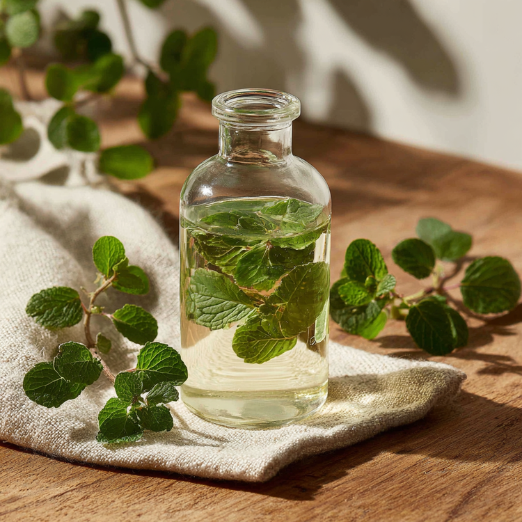 Peppermint hydrosol in a clear flask with mint inside and mint plant on the table around it. Sitting on a linen cloth on top of a wooden table.