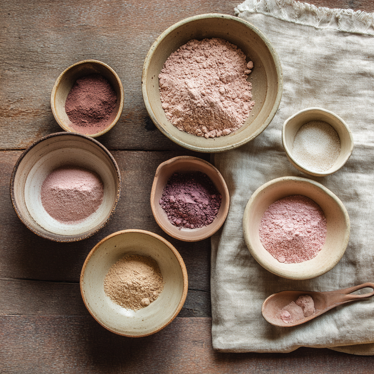 Pink clay in ceramic bowls on top of a linen cloth on a wooden tabletop with a wooden spoon of pink clay next to them.