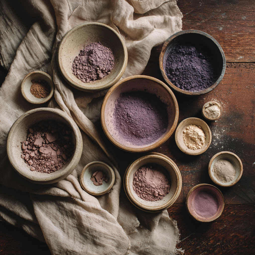 Various shades of Purple clays in ceramic bowls on a linen cloth on top of a wooden table.