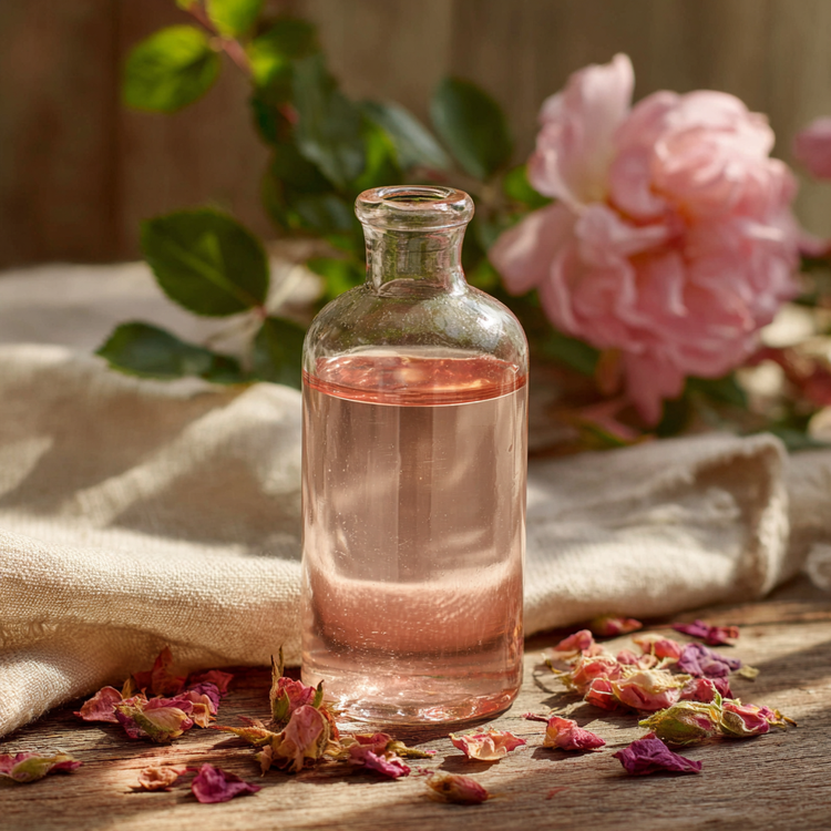 Rose Hydrosol on top of a wooden table surrounded by petals and roses in the background on a linen cloth. The pink liquid is in a clear glass flask. 