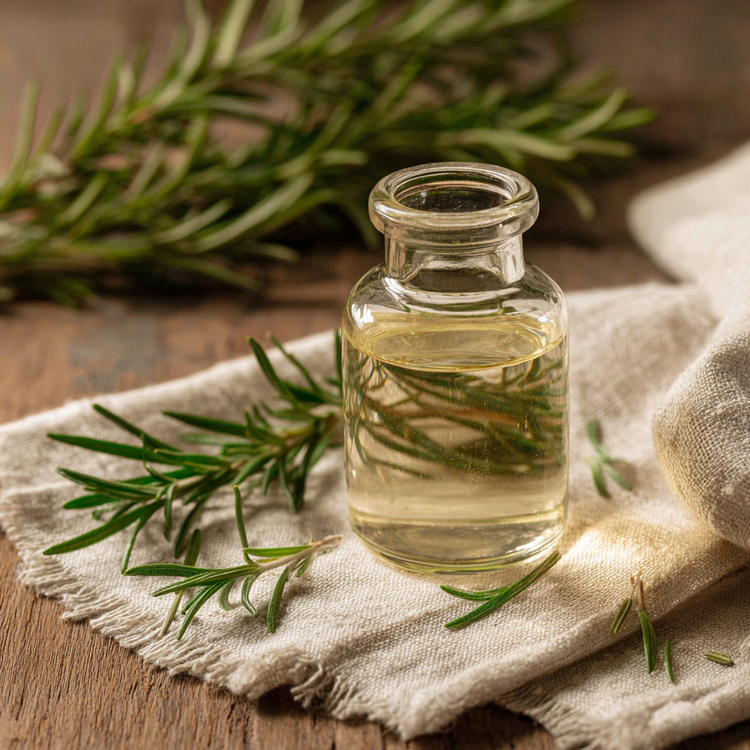 Rosemary hydrosol in a small clear flask sitting with more plant material on  a linen cloth on top of a wooden table.