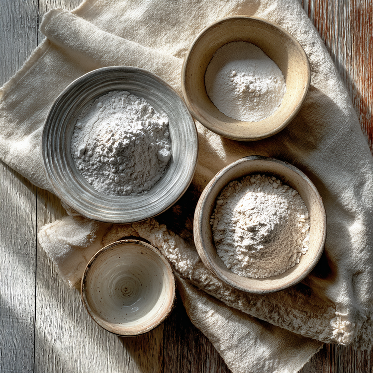 Kaolin Clay and Other Clays in ceramic bowls on top of a linen cloth on top of a wooden table.