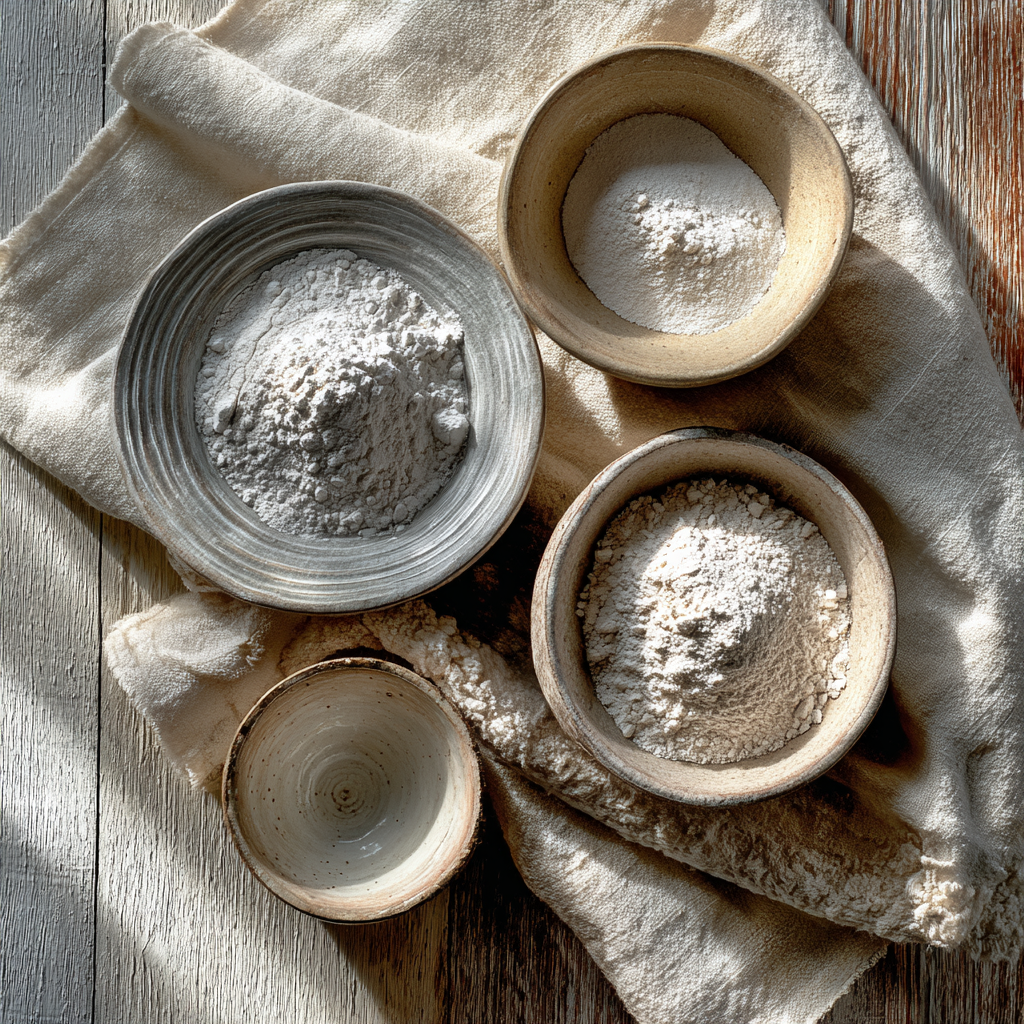 Titanium Dioxide in small bowls sitting on a linen cloth on top of a wooden table.