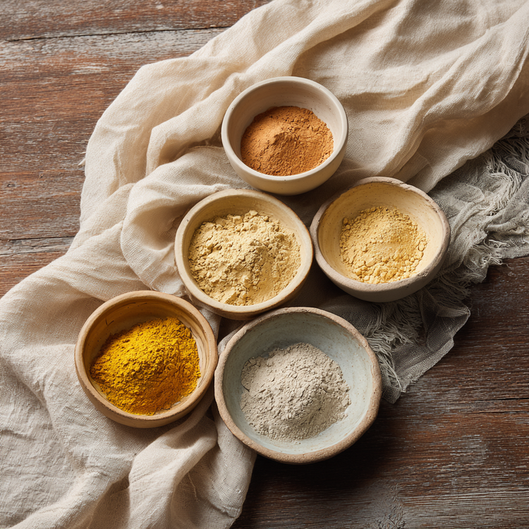 Yellow shades of clay in ceramic bowls on a linen cloth on top of a wooden table.