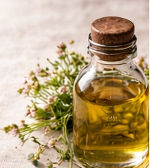 Meadowfoam oil with flowers in a bottle on a linen tablecloth.