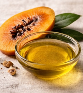 Papaya Oil in a  bowl with the fruit on a linen cloth. 
