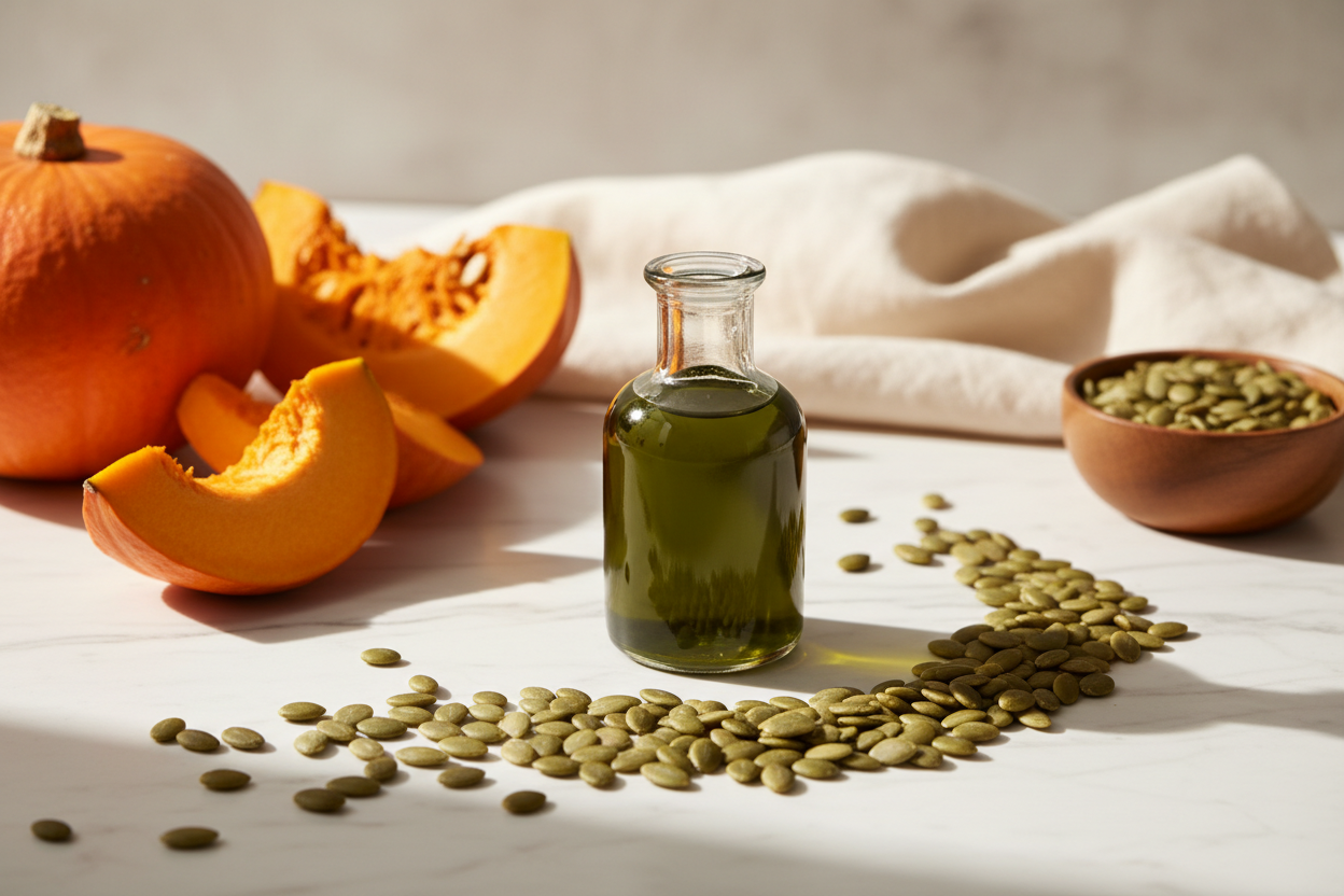 Pumpkin Seed Oil surrounded by seeds and pumpkin and cream linen background.