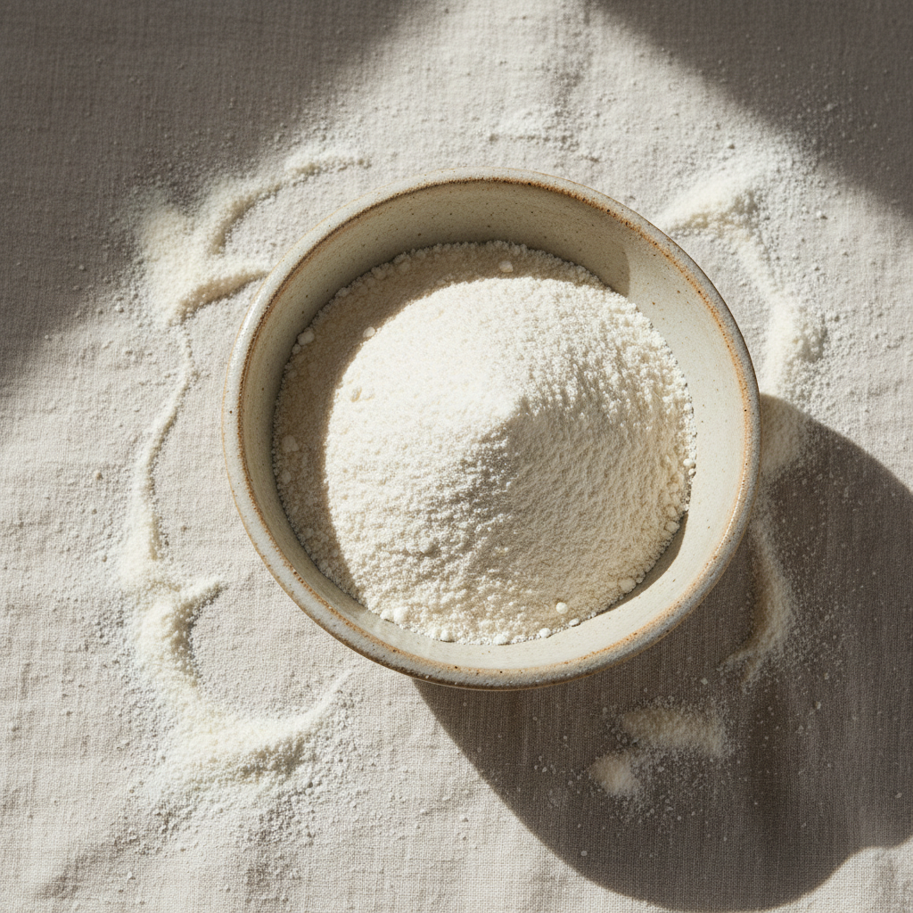 Rice Protein Powder in a rustic bowl sitting on top a linen tablecloth with spilled powder around it.