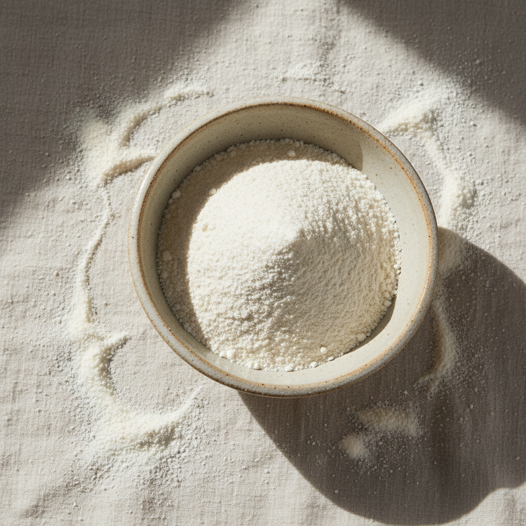 Rice Protein Powder in a rustic bowl sitting on top a linen tablecloth with spilled powder around it.