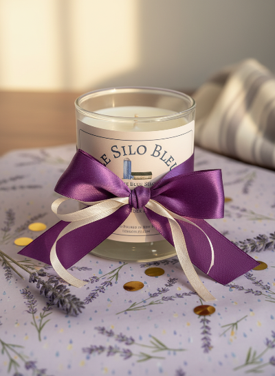 LSB Candle Wrapped in purple and white satin ribbon on a table with a table cloth showing lavender on it. There is a white and lavender stripped towel in the background and sunlight streaming onto a wall behind. 