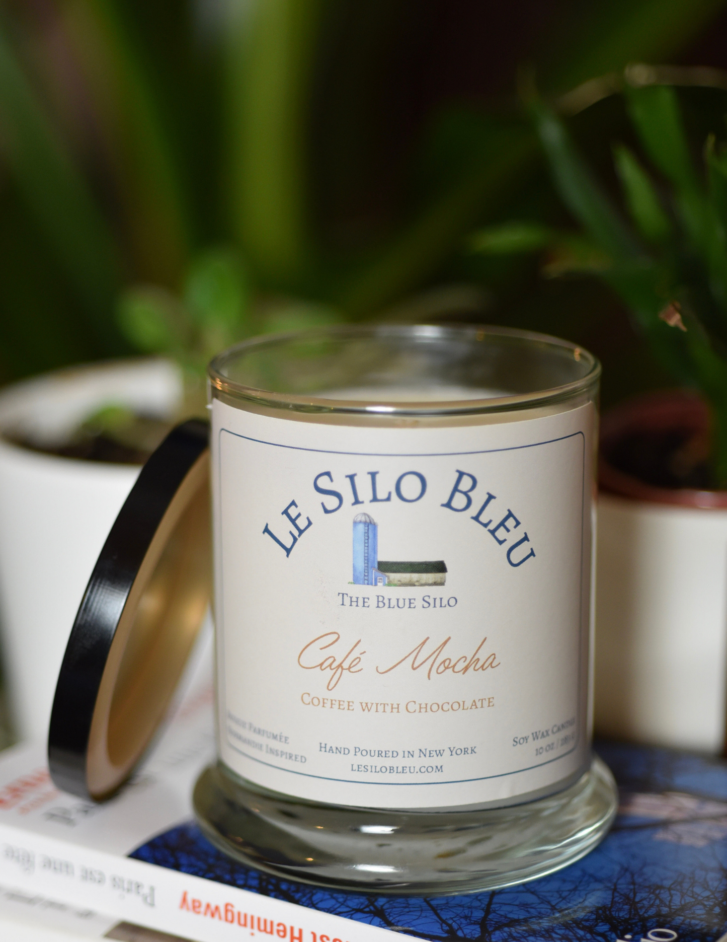 Our scented soy wax candle in a Cafe Mocha scent is sitting on top of a book with two matches in front of it and a black lid to the side. There is a green plant in a white pot in the background and a plant stand in the background as well. 