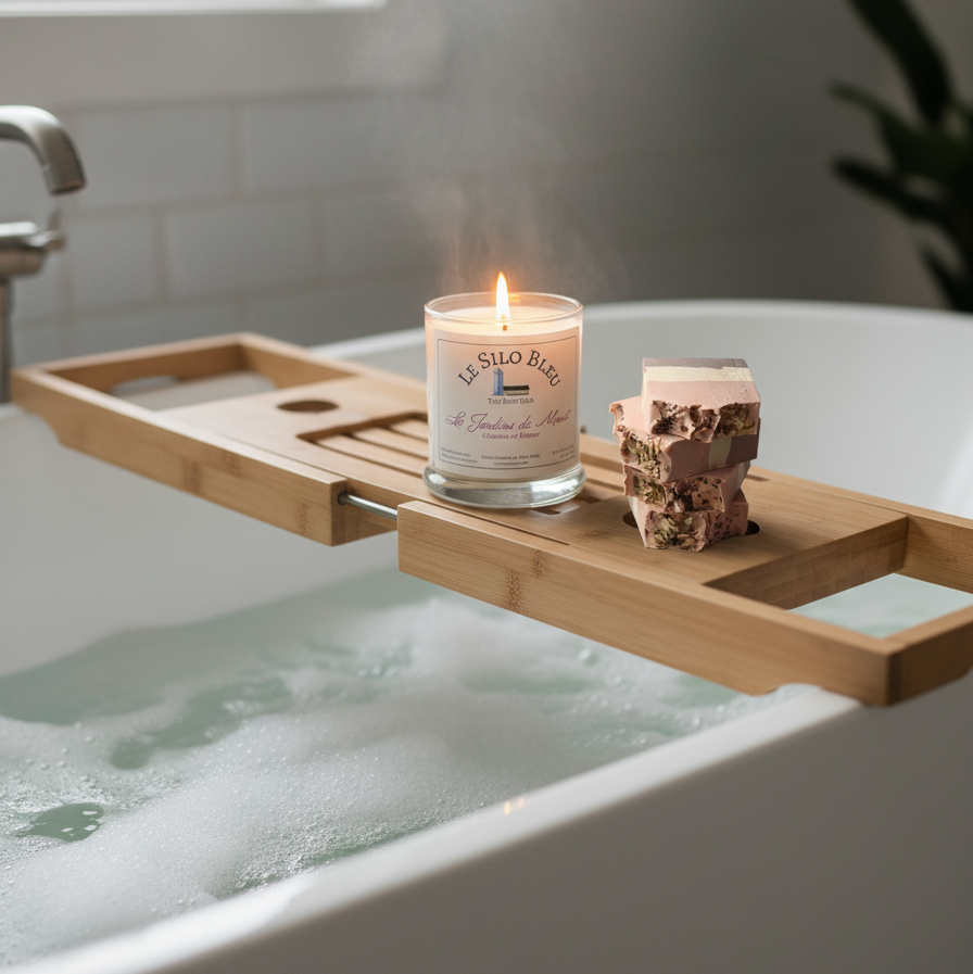 Candle and soap on a bath tray over a tub filled with steaming water