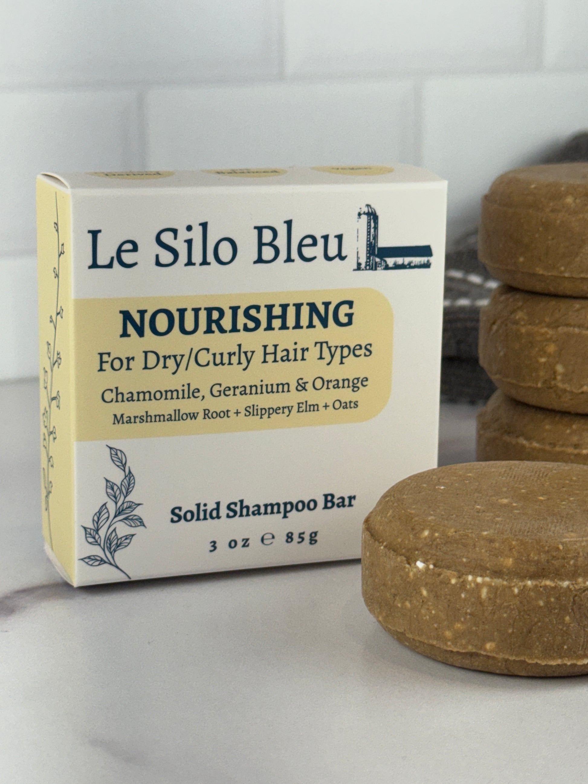Le Silo Bleu Nourishing solid shampoo bar with packaging on a white background