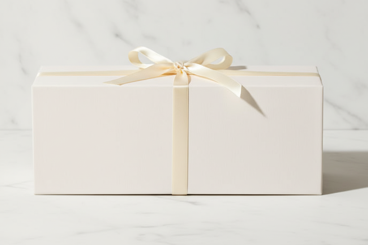 White rectangular box with a cream ribbon on a beige background